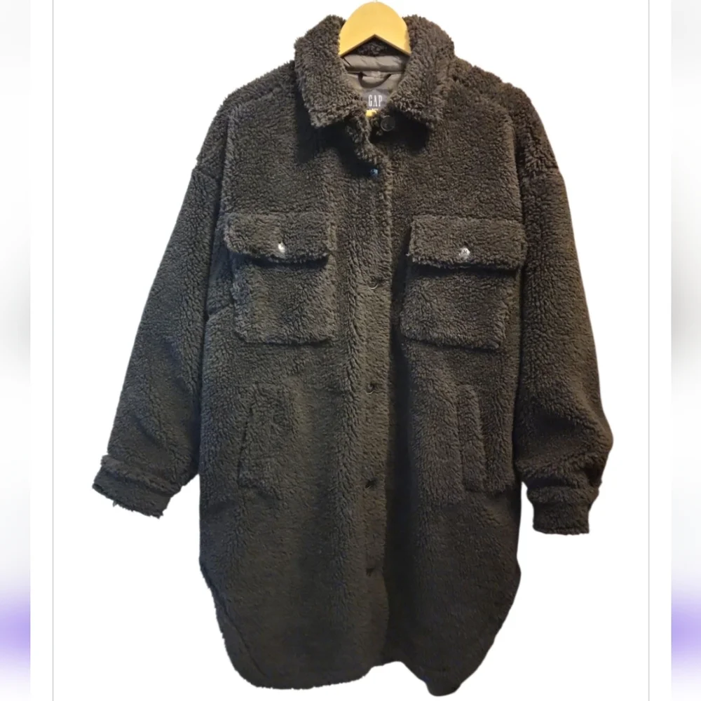SOLD Gap Sherpa Teddy Coat Black Long Button Down Size Large Petite Oversized - Picture 2 of 6
